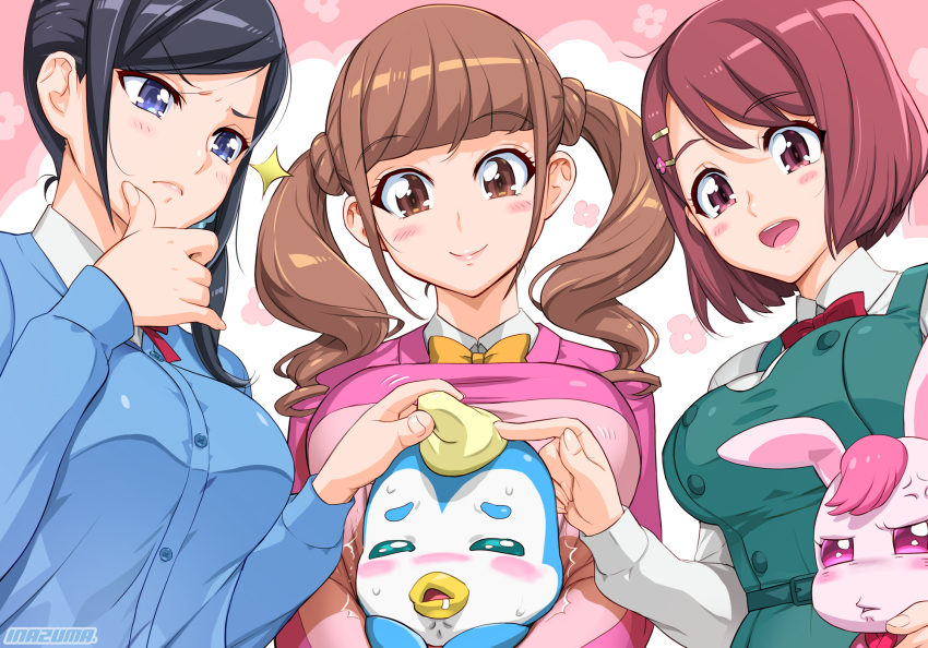 3girls, hanadera_nodoka, healin'_good_precure, highres, hiramitsu_hinata, multiple_girls, pegitan_(precure), precure