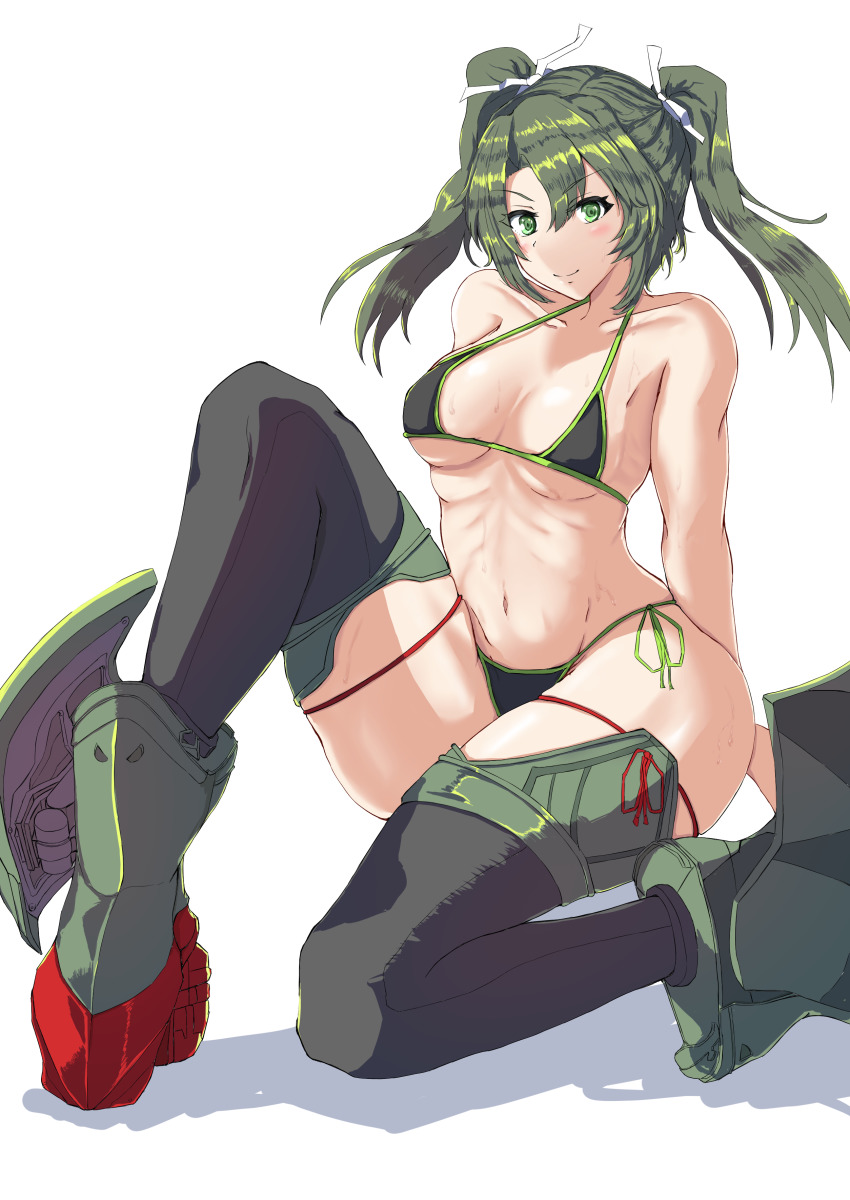 1girl, absurdres, bikini, blush, boots, breasts, collarbone, dark_green_hair