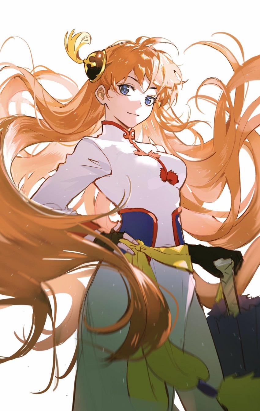 1girl, black_gloves, blue_eyes, chinese_clothes, closed_mouth, dress, fingerless_gloves, gintama