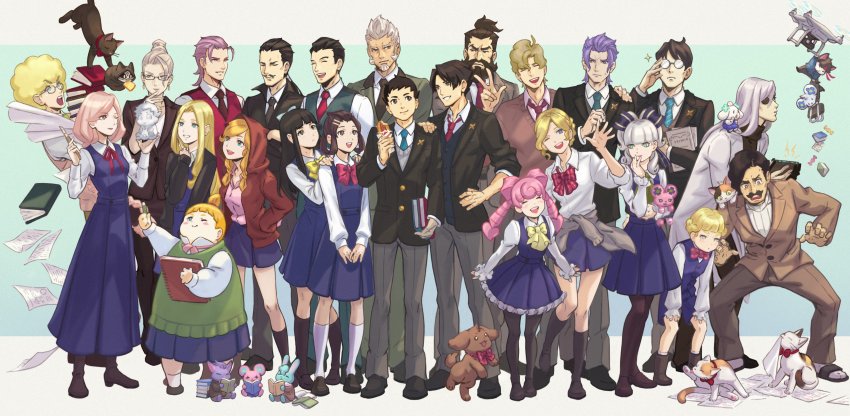 6+boys, 6+girls, absurdres, ace_attorney, aged_down, albert_harebrayne, aqua_background, aqua_eyes