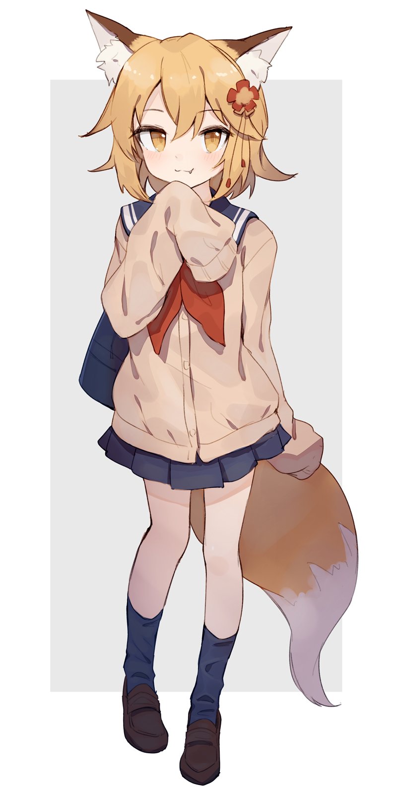 1girl, :3, alternate_costume, animal_ear_fluff, animal_ears, bag, black_skirt, black_socks, blonde_hair, brown_shoes, commentary_request, fang, fang_out, fox_ears, fox_girl, fox_tail, full_body, grey_background, hair_ornament, highres, long_sleeves, looking_at_viewer, pleated_skirt, red_neckwear, sailor_collar, school_uniform, senko_(sewayaki_kitsune_no_senko-san), sewayaki_kitsune_no_senko-san, shoes, shone, short_hair, simple_background, skirt, sleeves_past_fingers, sleeves_past_wrists, smile, socks, solo, tail, yellow_eyes