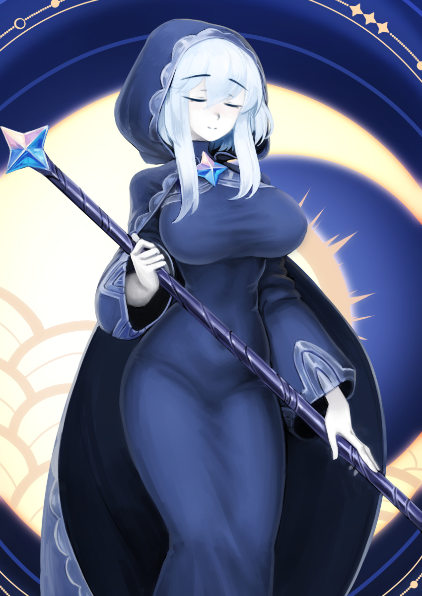 1girl, barbariank, blessing_of_the_welkin_moon, blue_dress, breasts, character_request, cloak, closed_eyes, commentary, dress, english_commentary, genshin_impact, hair_between_eyes, highres, holding, holding_staff, hood, hood_up, hooded_cloak, large_breasts, long_sleeves, primogem, short_hair, sidelocks, smile, solo, staff, welkin_moon, white_hair