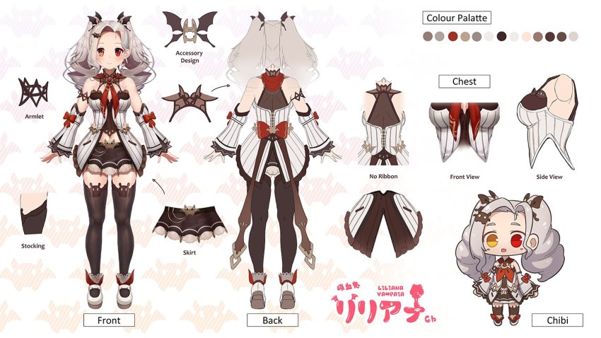 1girl, back, back_bow, bare_shoulders, bat_hair_ornament, bat_wings, belt, black_dress, blush, bow, breasts, brown_thighhighs, character_name, reference_sheet, chibi, cleavage, commentary, concept_art, cross-section, detached_sleeves, dress, drill_hair, english_commentary, english_text, fangs, from_behind, from_side, full_body, gem, hair_ornament, heterochromia, large_breasts, liliana_vampaia, long_hair, long_sleeves, looking_at_viewer, miniskirt, myholo_tv, navel, official_art, parted_bangs, red_bow, red_eyes, red_neckwear, red_ribbon, red_scarf, ribbon, scarf, second-party_source, shoulder_blades, sideboob, silver_hair, simple_background, skin_fangs, skirt, sleeveless, sleeveless_dress, smile, solo, standing, straight-on, thighhighs, twin_drills, twintails, virtual_youtuber, white_dress, white_footwear, wings, x-ray, xfate, yellow_eyes, zettai_ryouiki