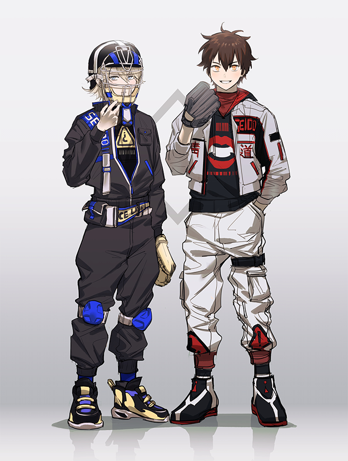 2boys, ace_of_diamond, bad_id, bad_pixiv_id, baseball_glove, baseball_helmet, black_jacket, black_pants