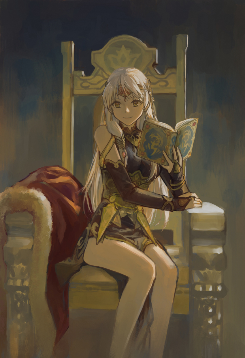 1girl, black_dress, black_gloves, book, bridal_gauntlets, cape, chair, circlet, closed_mouth, dress, earrings, fingerless_gloves, fire_emblem, fire_emblem:_radiant_dawn, fire_emblem_cipher, fire_emblem_heroes, fur_trim, gloves, hair_ornament, highres, holding, holding_book, imageprogram_(kent), jewelry, long_hair, micaiah_(fire_emblem), micaiah_(radiant_queen)_(fire_emblem), nintendo, official_alternate_costume, on_throne, open_book, pelvic_curtain, side_slit, silver_hair, sitting, sleeveless, sleeveless_dress, smile, solo, throne, yellow_eyes
