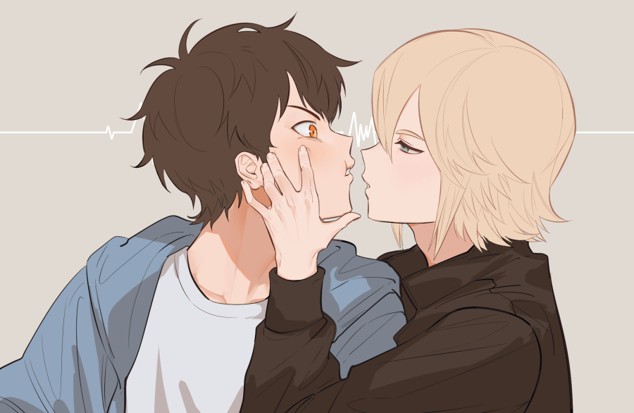 2boys, ace_of_diamond, bad_id, bad_pixiv_id, black_shirt, blonde_hair, blue_eyes, blue_jacket, brown_eyes, brown_hair, cheek_press, couple, eye_contact, grabbing_another's_face, half-closed_eyes, hand_on_another's_face, head_grab, imminent_kiss, jacket, looking_at_another, male_focus, multiple_boys, okumura_koushuu, open_clothes, open_jacket, open_mouth, sawamura_eijun, shirt, short_hair, teeth, totu, upper_body, white_shirt, yaoi
