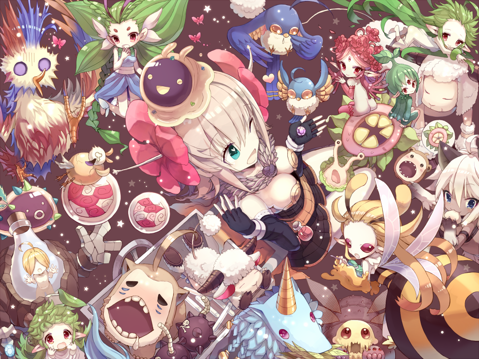 1boy, 6+girls, :d, alchemist_(ragnarok_online), amistr_(ragnarok_online), animal_ears, animal_hands, arthropod_girl, ass, bayeri_(ragnarok_online), bee_girl, bird, black_gloves, blonde_hair, blue_eyes, blush, breasts, brown_cape, brown_dress, bug, butterfly, cape, cat_ears, cat_girl, cleavage, closed_mouth, commentary_request, dieter_(ragnarok_online), dress, eira_(ragnarok_online), elbow_gloves, eleanor_(ragnarok_online), filir_(ragnarok_online), fingerless_gloves, from_above, full_body, fur_collar, geographer_(ragnarok_online), gloves, green_eyes, green_hair, hair_between_eyes, insect, insect_girl, lif_(ragnarok_online), long_hair, looking_at_another, marine_sphere, medium_breasts, medium_hair, monster_girl, multiple_girls, open_mouth, plant_girl, plant_hair, pointy_ears, pullcart, q_qree, ragnarok_online, red_eyes, red_hair, sera_(ragnarok_online), sheep, short_dress, short_hair, slime_(creature), smile, strapless, strapless_dress, unicorn, vanilmirth_(ragnarok_online), white_hair