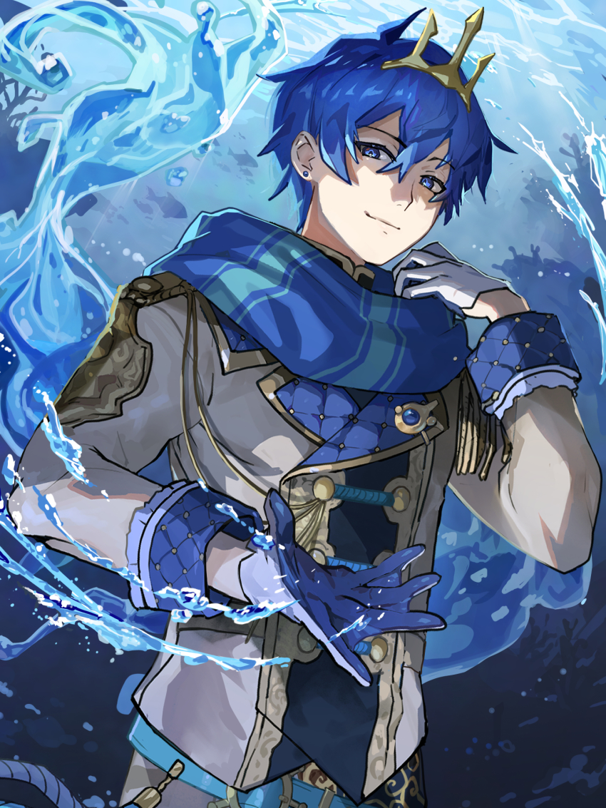 1boy, belt, blue_eyes, blue_gloves, blue_hair, blue_scarf, buttons, commentary