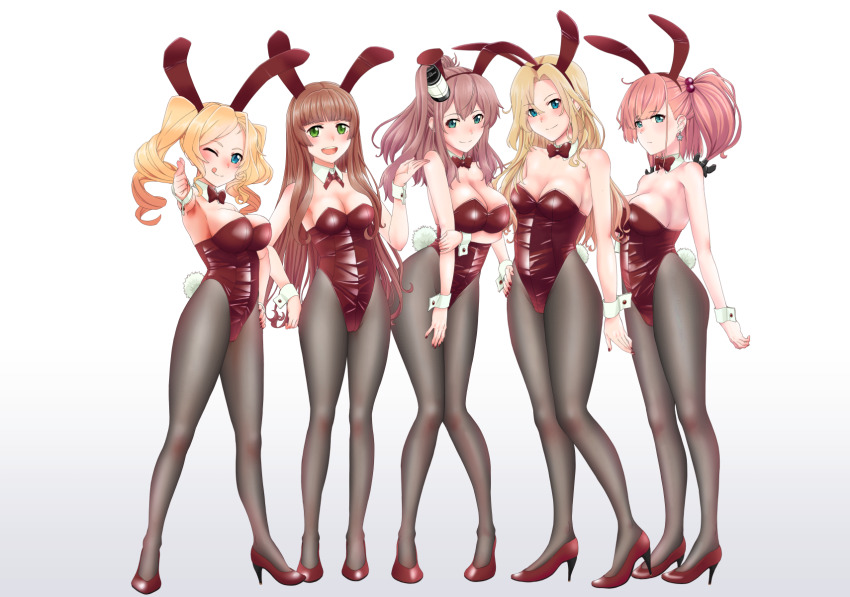 5girls, :q, alternate_hairstyle, anchor_hair_ornament, animal_ears, atlanta_(kancolle), black_legwear, blue_eyes