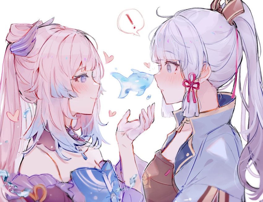 !, 2girls, ayaka_(genshin_impact), blue_eyes, blush, closed_mouth, genshin_impact, kvlen, long_hair, mole, mole_under_eye, multiple_girls, parted_lips, pink_hair, purple_eyes, purple_hair, sangonomiya_kokomi, simple_background, spoken_exclamation_mark, untranslatable_commentary, white_background, yuri