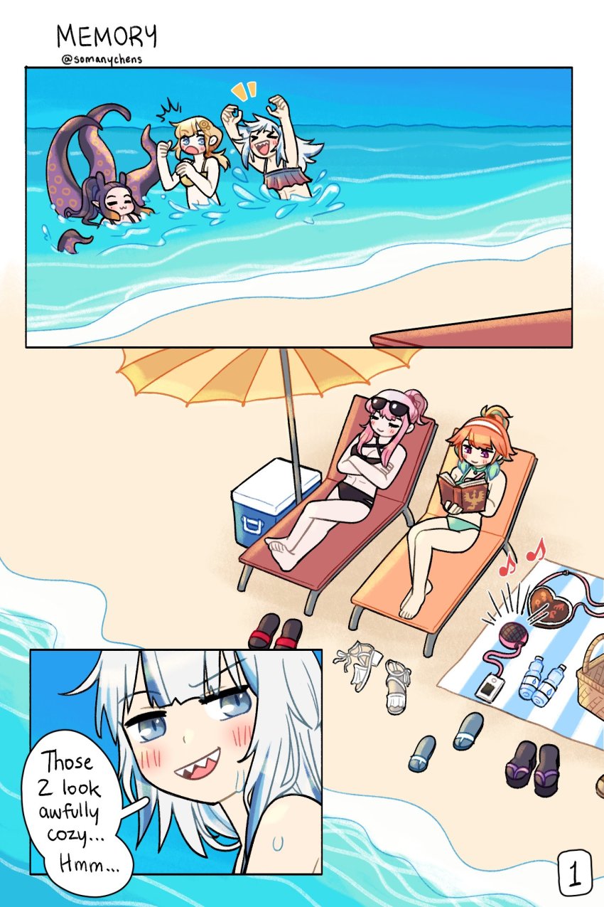 5girls, alternate_costume, alternate_hairstyle, amashiro_natsuki, bikini, black_hair, blue_eyes, blue_hair, blunt_bangs, chen_(somanychens), english_text, fins, fish_tail, flat_chest, gawr_gura, gradient_hair, highres, hololive, hololive_english, holomyth, long_hair, medium_hair, mori_calliope, multicolored_hair, multiple_girls, ninomae_ina'nis, orange_hair, pink_hair, ponytail, purple_hair, shark_girl, shark_tail, sharp_teeth, sidelocks, silver_hair, streaked_hair, swimsuit, tail, takanashi_kiara, teeth, tentacle_hair, tentacles, two_side_up, very_long_hair, virtual_youtuber, watson_amelia