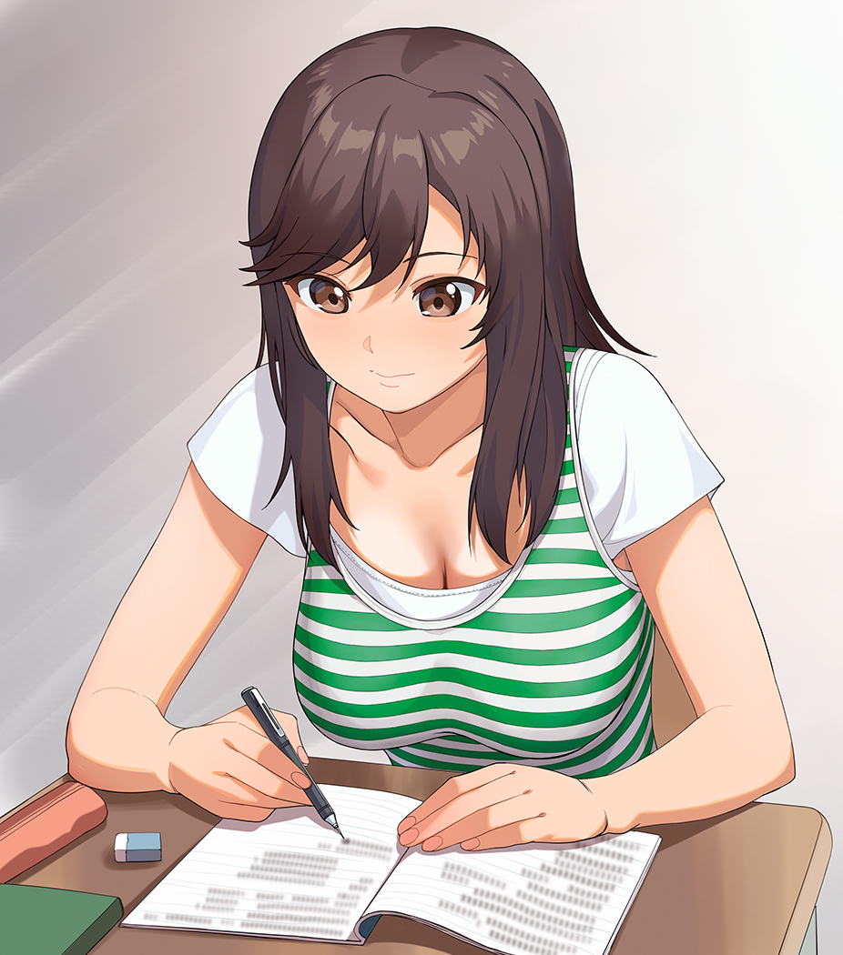 1girl, a1_(initial-g), blush, breasts, brown_eyes, brown_hair, cleavage, closed_mouth