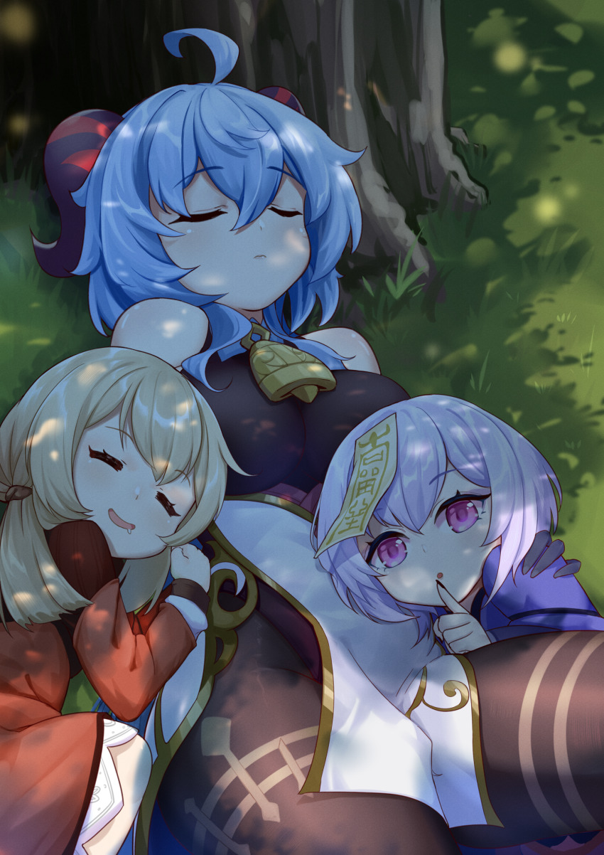 3girls, :d, ^_^, ahoge, bell, black_bodysuit, blue_hair, bodysuit