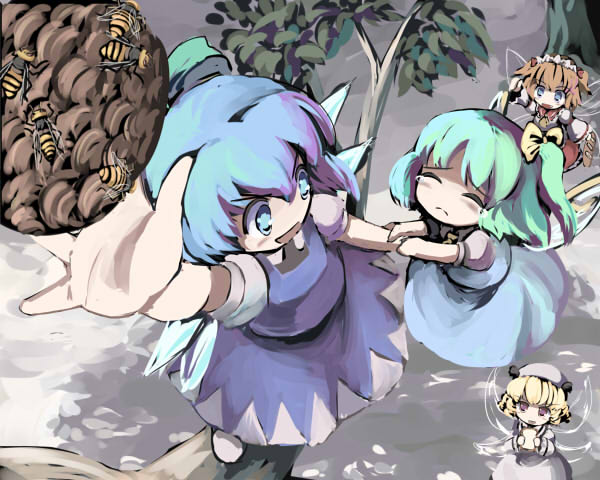 4girls, bee, beehive, blonde_hair, blue_hair, bread, bug, cirno