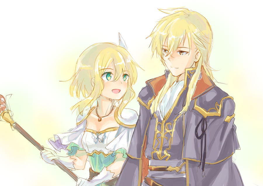 1boy, 1girl, ares_(fire_emblem), armor, ascot, black_coat, blonde_hair, coat