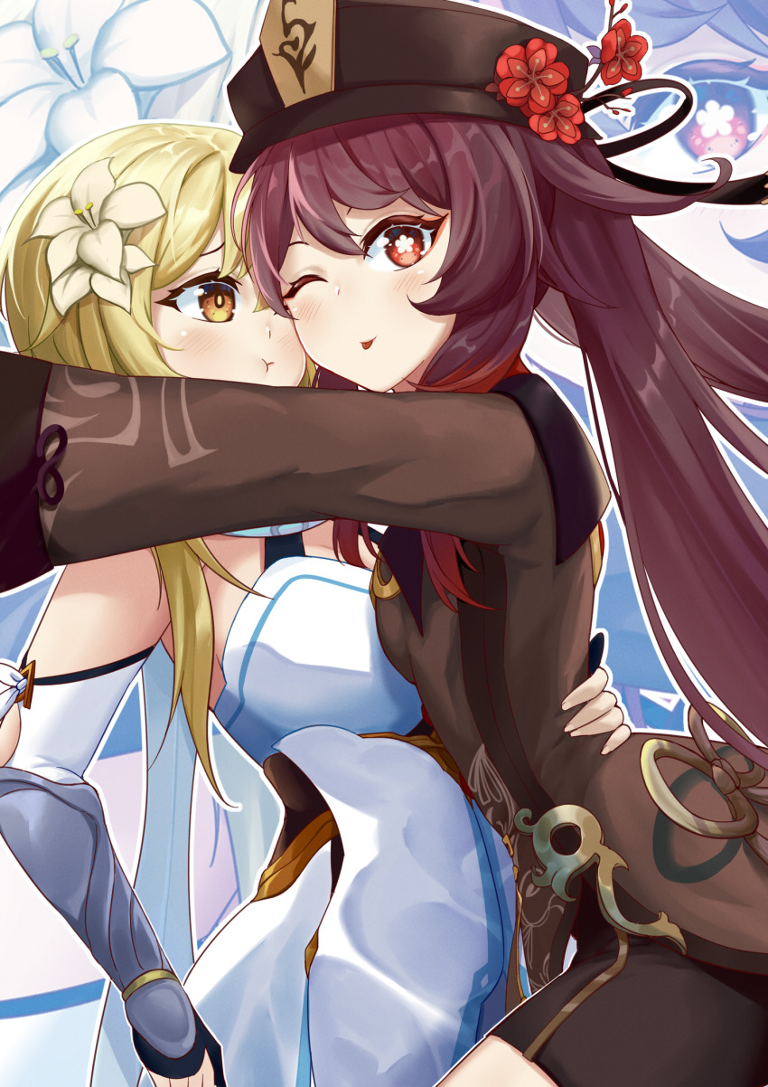 ;), ;p, black_shorts, blonde_hair, brown_hair, cheek-to-cheek, chinese_clothes, commentary_request