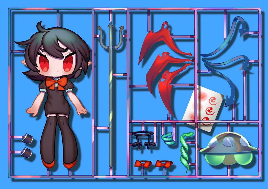 1girl, asymmetrical_wings, black_dress, black_hair, black_thighhighs, blue_background, blue_wings, blush