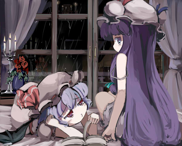 2girls, bat_wings, bed, book, candelabra, candle, candlestand, embodiment_of_scarlet_devil