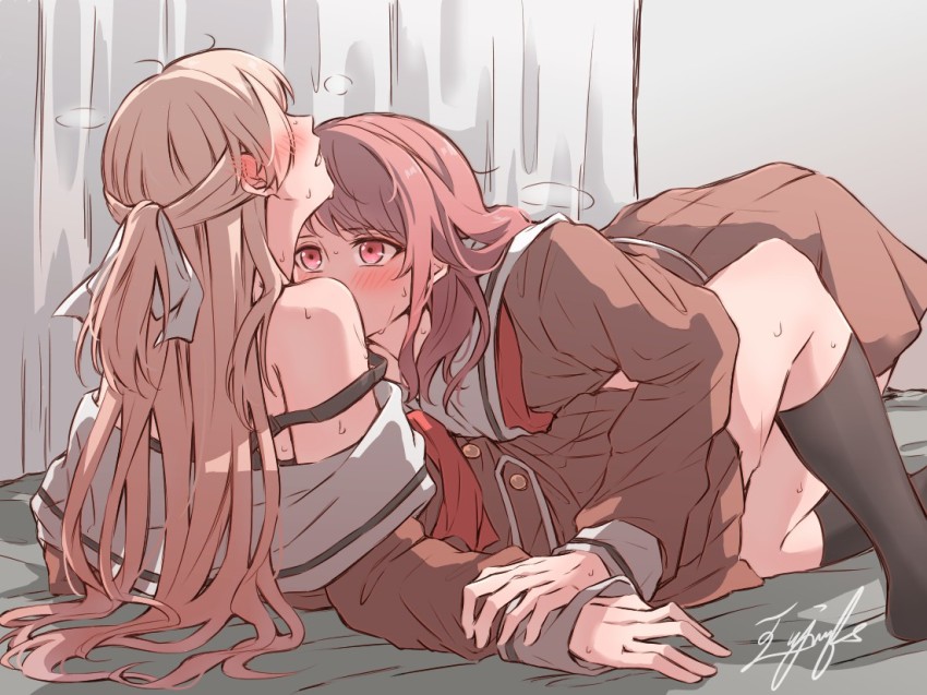 2girls, aiiro_bokujuu, bang_dream!, bang_dream!_girls_band_party!, black_bra, black_socks, blush, bra