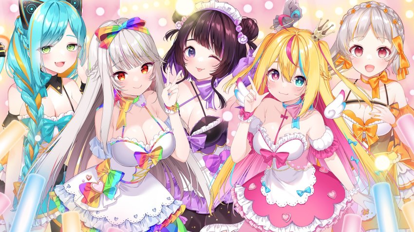5girls, ahoge, blonde_hair, breasts, cleavage, collarbone, commentary_request, hair_ornament, hanataba_yuiha, heterochromia, highres, indie_virtual_youtuber, kurusu_raia, large_breasts, long_hair, looking_at_viewer, medium_breasts, multiple_girls, nail_polish, nanairo_yabami, necomare_eimu, official_art, one_eye_closed, v, virtual_youtuber, yumekana_lua