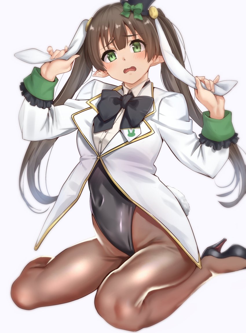1girl, ayumi_(princess_connect!), ayumi_(wonderland)_(princess_connect!), black_hat, black_legwear, blush, brown_hair, elf, green_eyes, hand_on_own_ear, hat, highres, playboy_bunny, pointy_ears, princess_connect!, ramanda, tagme