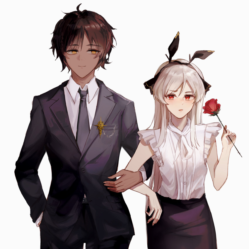 1boy, 1girl, alternate_costume, antennae, arknights, blouse, brown_hair, chand, dark-skinned_male, dark_skin, fake_antennae, flower, formal_clothes, hand_in_pocket, headband, highres, holding_hands, locked_arms, long_hair, necktie, red_eyes, rose, shirt, short_hair, short_sleeves, suit, thorns_(arknights), weedy_(arknights), white_hair, yellow_eyes