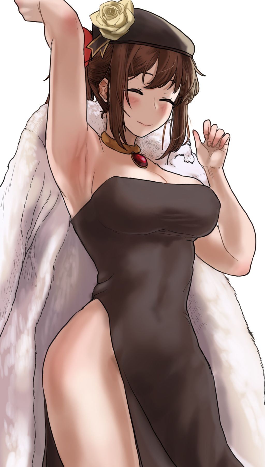 1girl, armpits, black_dress, blush, breasts, brown_hair, cape, chroong, cleavage, closed_mouth, collar, dress, closed_eyes, flower, fur-trimmed_cape, fur_trim, gem, guardian_tales, hand_up, hat, highres, innkeeper_loraine, medium_breasts, ponytail, red_gem, short_hair, sleeveless, sleeveless_dress, thighs, white_background, white_flower