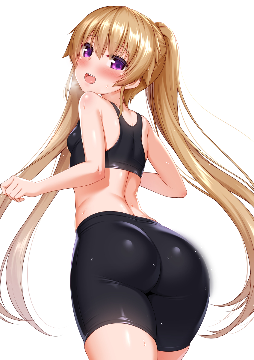 1girl, ao_no_kanata_no_four_rhythm, arisaka_mashiro, ass, bike_shorts, blush, breasts, commentary_request, hair_between_eyes, highres, loli, long_hair, looking_at_viewer, looking_back, open_mouth, purple_eyes, simple_background, small_breasts, solo, sweat, twintails, very_long_hair, white_background, zirba