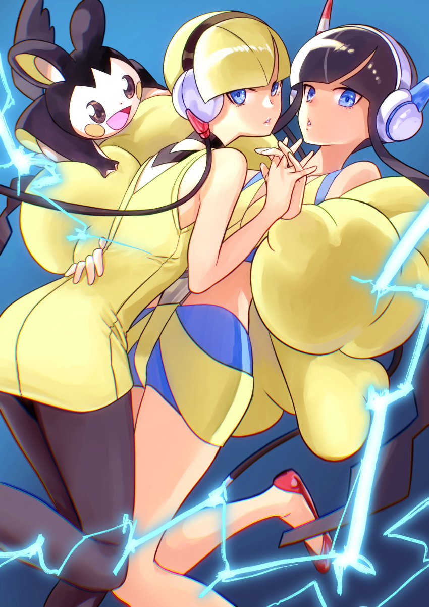 2girls, absurdres, bare_arms, black_hair, blonde_hair, blue_eyes, blunt_bangs, cable, commentary, dress, dual_persona, elesa_(pokemon), emolga, flats, gen_5_pokemon, hand_up, headphones, highres, holding_hands, jacket, leg_up, multiple_girls, nintendo, off_shoulder, open_clothes, open_jacket, pantyhose, parted_lips, pokemon, pokemon_(creature), pokemon_black_and_white, pokemon_black_2_and_white_2, red_footwear, sawada2, short_hair_with_long_locks, sleeveless, sleeveless_dress, yellow_dress, yellow_jacket