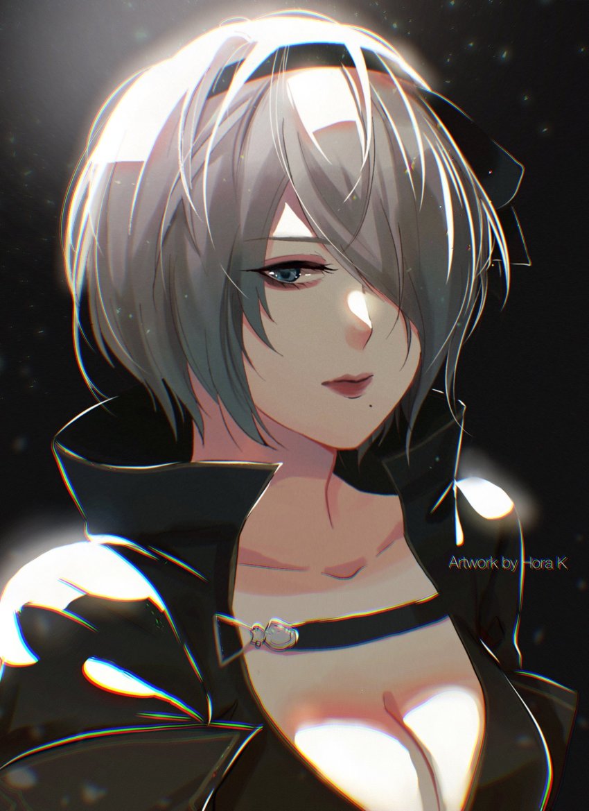 1girl, aqua_eyes, artist_name, black_hairband, black_jacket, bob_cut, breasts, cleavage