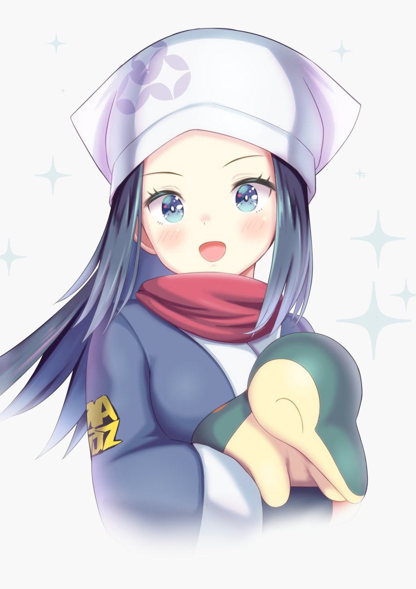 1girl, :d, akari_(pokemon), black_hair, blue_eyes, blush, commentary, cyndaquil