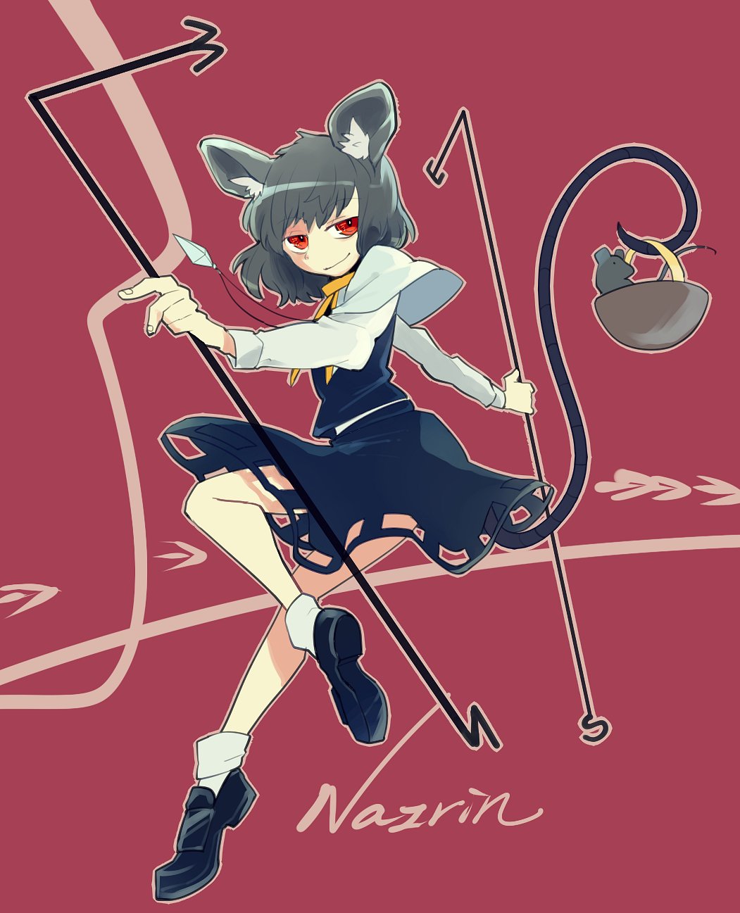 1girl, animal_ear_fluff, animal_ears, basket, black_dress, black_hair, capelet, character_name, dowsing_rod, dress, highres, holding, holding_with_tail, jewelry, long_sleeves, looking_to_the_side, mouse_(animal), mouse_ears, mouse_girl, mouse_tail, nazrin, ngc7k, pendant, prehensile_tail, red_background, red_eyes, shoes, short_hair, smile, socks, solo, tail, touhou