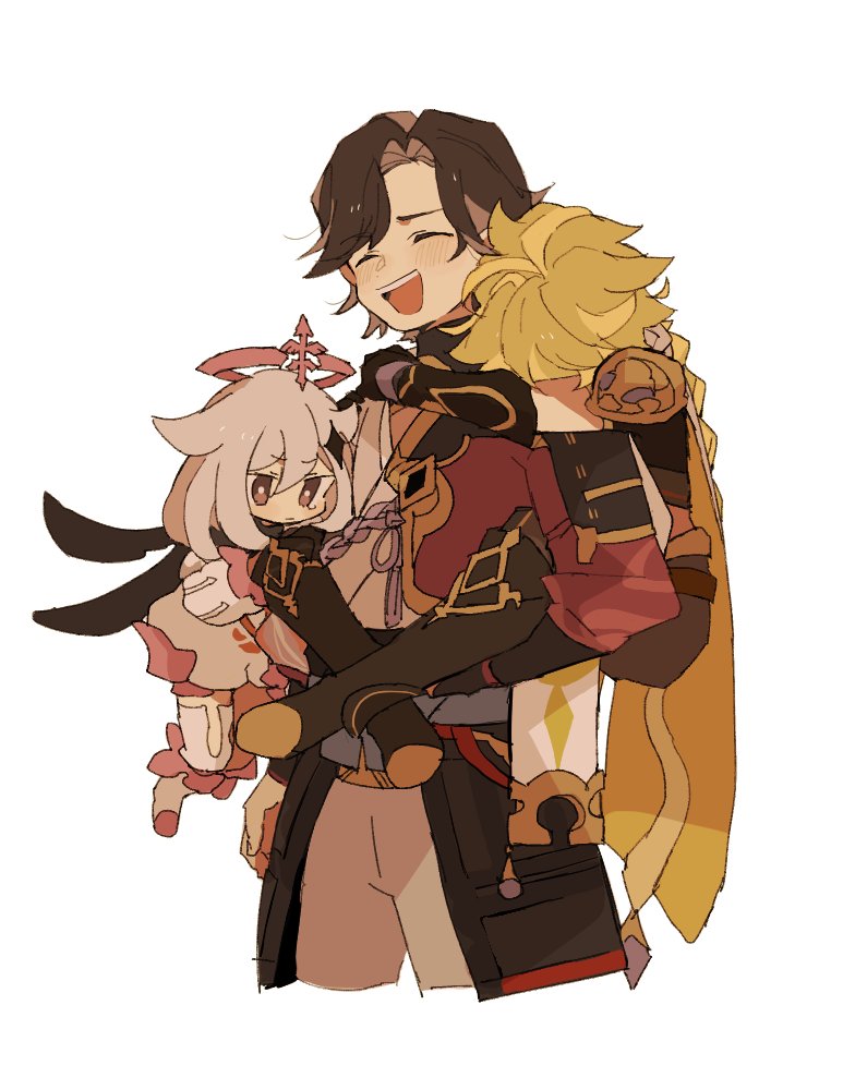 1girl, 2boys, aether_(genshin_impact), black_gloves, black_hair, blonde_hair, blush, boots