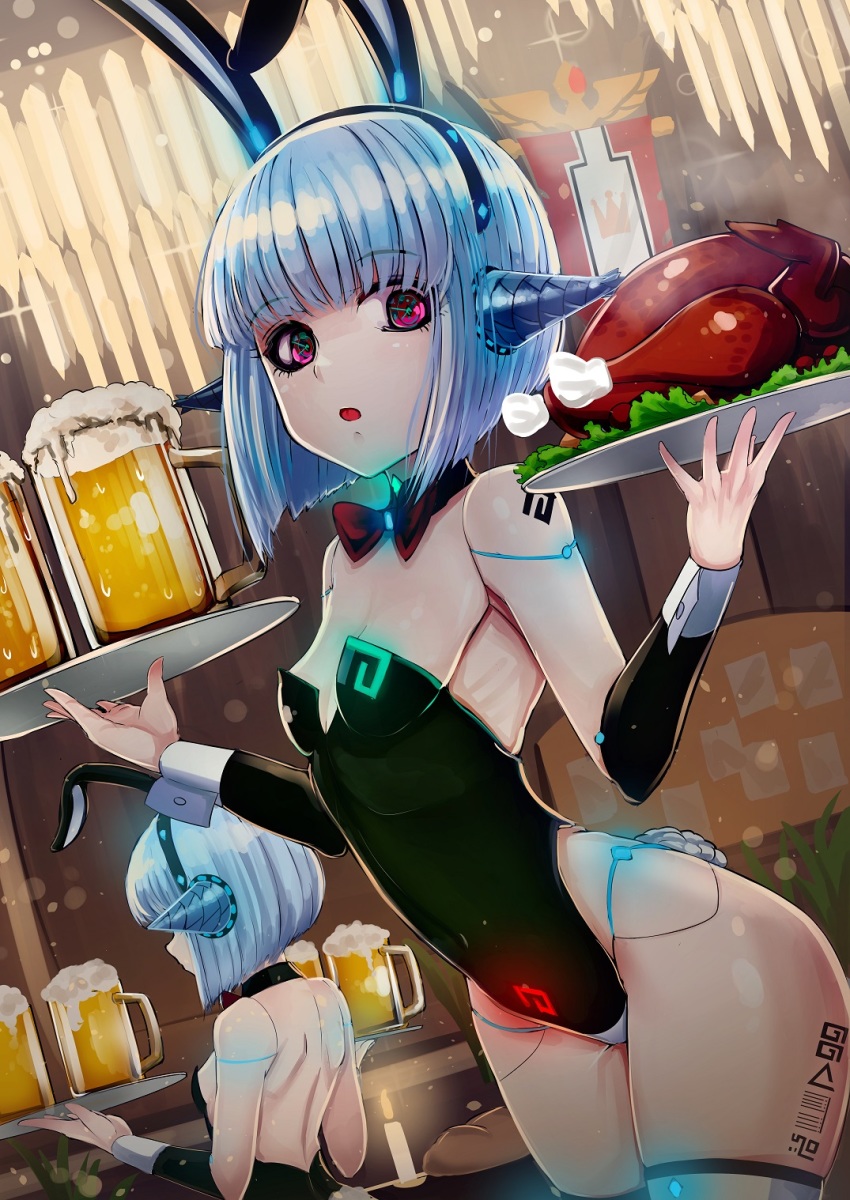 1girl, alcohol, android, android_mk.99, animal_ears, b.d, barcode, beer
