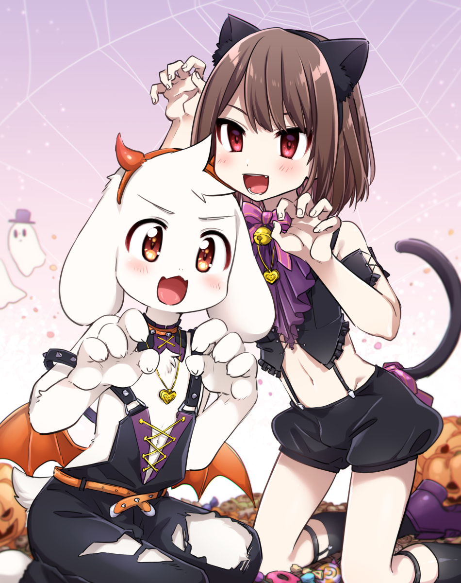 1other, 2boys, animal_ears, asriel_dreemurr, bare_shoulders, barefoot, bat_wings, bell