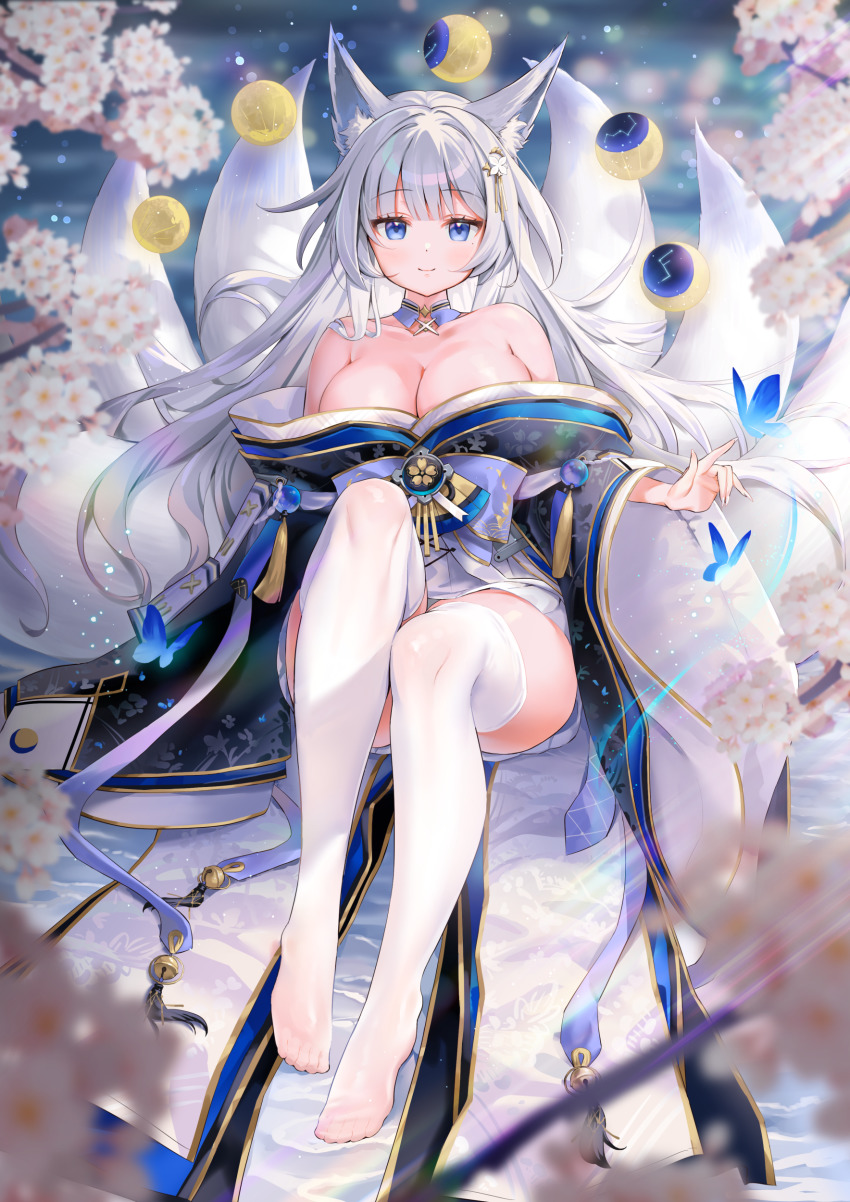 1girl, absurdres, animal_ear_fluff, animal_ears, azur_lane, bare_shoulders, black_kimono, blue_eyes