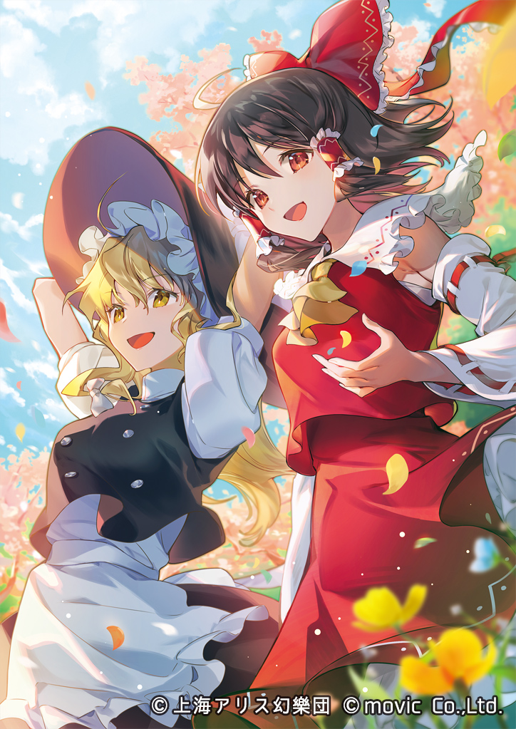 2girls, apron, arms_behind_head, arms_up, ascot, bandages, bare_shoulders, black_hair