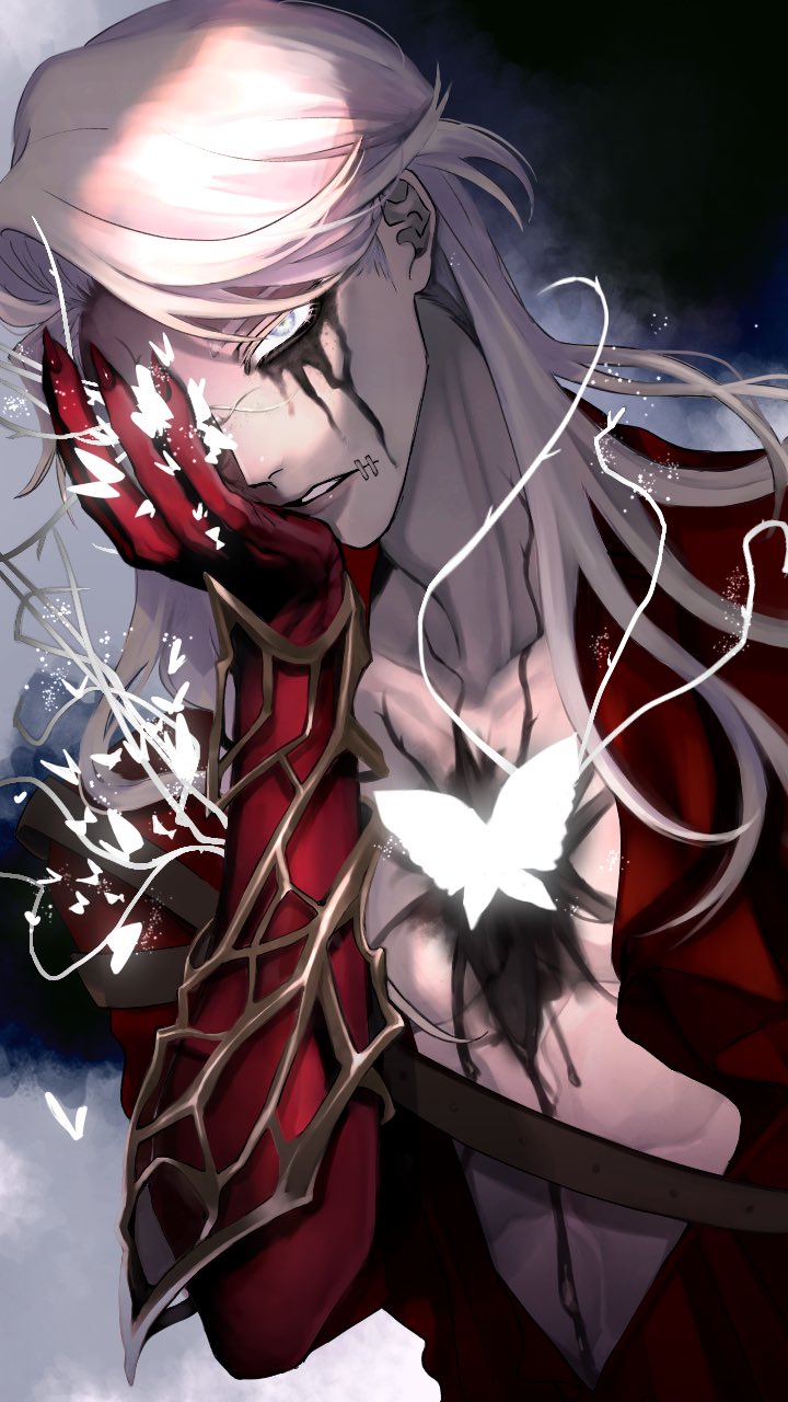 0niku_mimizuku, 1boy, bug, butterfly, grey_eyes, hand_on_own_face, head_tilt, highres