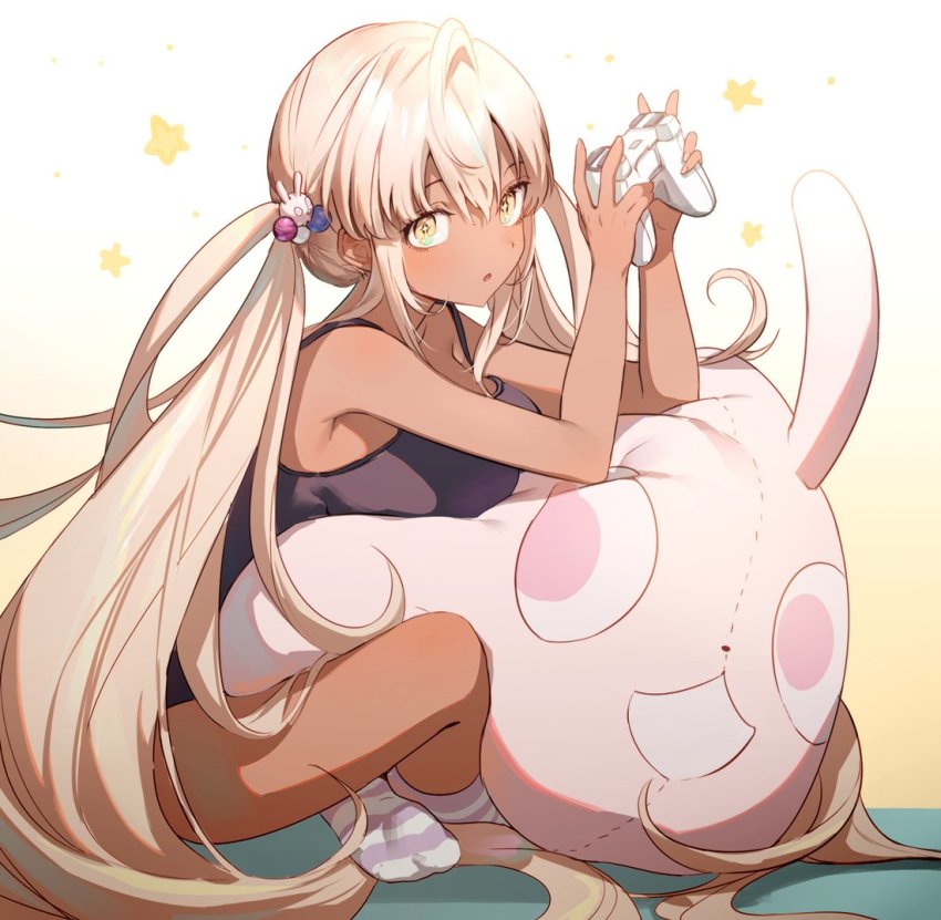 1girl, :o, ahoge, black_camisole, blonde_hair, breasts, camisole, controller, dark-skinned_female, dark_skin, full_body, game_controller, hair_ornament, holding, holding_controller, holding_game_controller, hololive, hololive_english, hugging_object, indian_style, large_breasts, long_hair, looking_at_viewer, no_shoes, parted_lips, pillow, pillow_hug, planet_hair_ornament, rabbit-shaped_pillow, shumm_aid, sidelocks, sitting, socks, solo, sparkling_eyes, striped_clothes, striped_legwear, striped_socks, surprised, tsukumo_sana, twintails, very_long_hair, virtual_youtuber, yellow_eyes