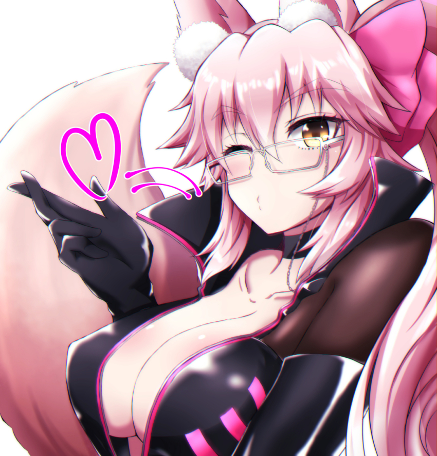 1girl, animal_ear_fluff, animal_ears, black_bodysuit, blowing_kiss, blush, bodysuit, bow