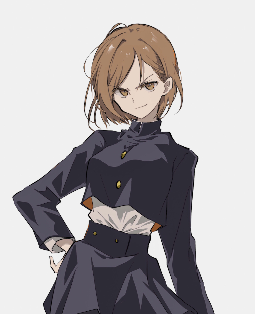 1girl, absurdres, black_jacket, black_skirt, brown_eyes, brown_hair, closed_mouth, commentary_request, cowboy_shot, cropped_jacket, gakuran, grey_background, hand_on_own_hip, highres, himaneko., jacket, jujutsu_kaisen, kugisaki_nobara, long_sleeves, looking_at_viewer, school_uniform, shirt, shirt_tucked_in, short_hair, simple_background, skirt, smile, solo, v-shaped_eyebrows, white_shirt