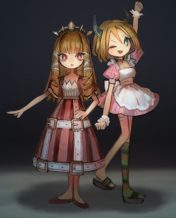 2girls, apron, blonde_hair, boku_to_maou, breasts, brown_hair, dress, green_eyes