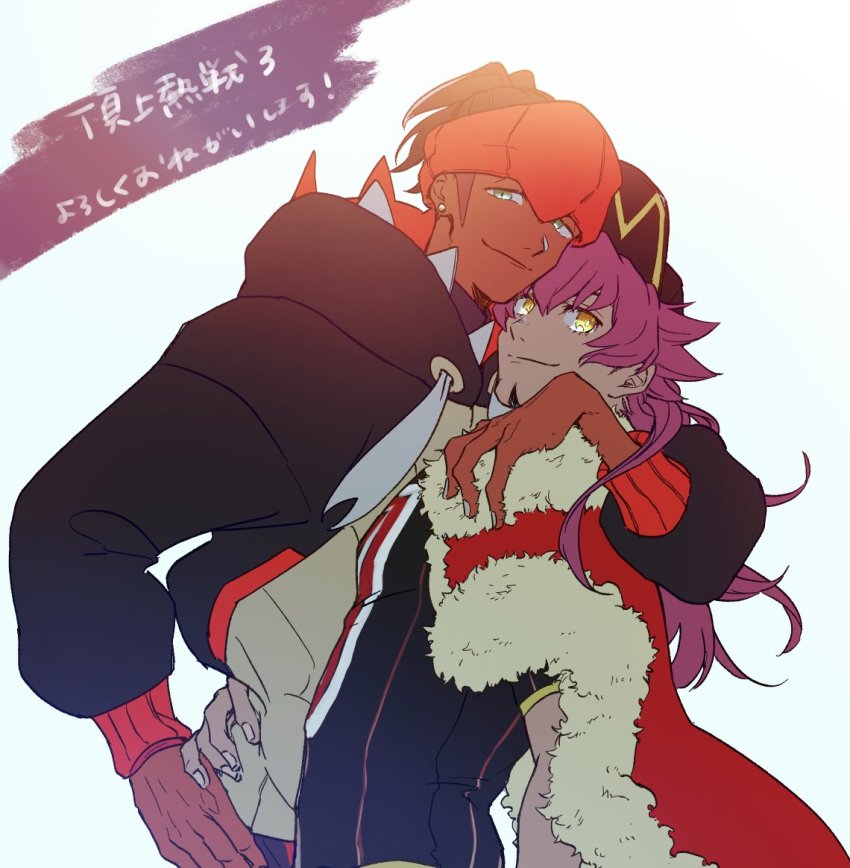 2boys, baseball_cap, black_hoodie, cape, champion_uniform, closed_mouth, commentary_request, dark-skinned_male, dark_skin, earrings, facial_hair, fiz_breakfast, fur-trimmed_cape, fur_trim, hat, hood, hoodie, jewelry, leon_(pokemon), long_hair, looking_at_viewer, male_focus, multiple_boys, nintendo, orange_headwear, pokemon, pokemon_sword_and_shield, purple_hair, raihan_(pokemon), red_cape, shirt, short_hair, short_sleeves, smile, split_mouth, translation_request, undercut, yellow_eyes