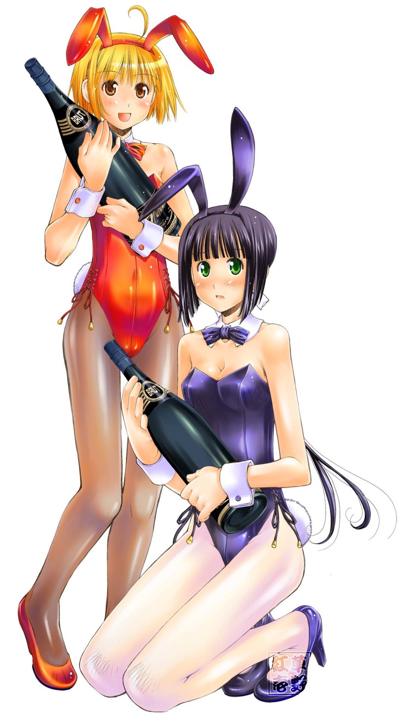 2girls, absurdres, ahoge, alcohol, alternate_costume, animal_ears, artist_logo, black_footwear