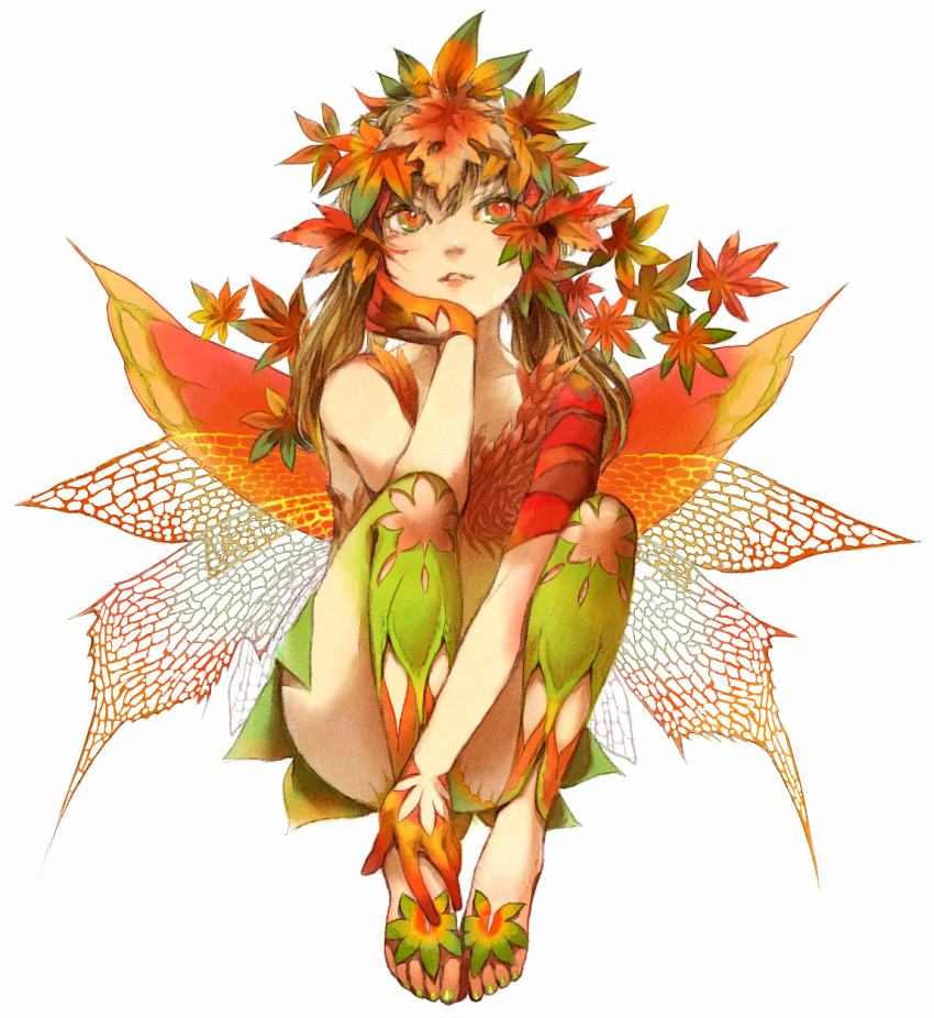 1girl, barefoot, brown_hair, fairy, feet, female_focus, gloves, highres, hitotsubashi_shin, ichihashi_makoto, leaf, maple_leaf, monster_girl, multicolored_eyes, nail_polish, original, simple_background, sitting, solo, wings