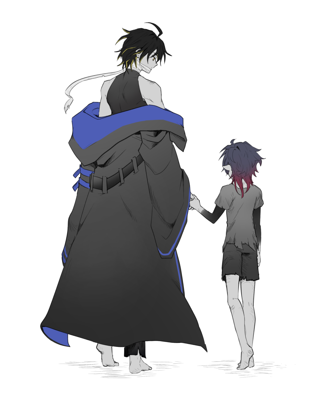 2boys, ahoge, alchemy_stars, bandages, bandaged_head, bare_shoulders, barefoot, black_hair