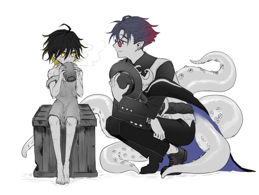 2boys, aged_down, ahoge, alchemy_stars, barefoot, black_footwear, black_pants, blonde_hair