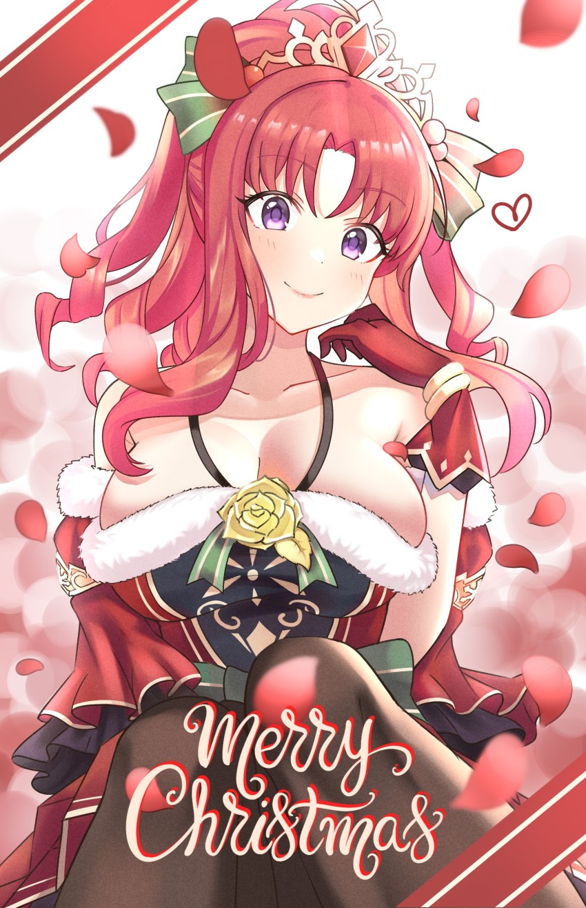 1girl, absurdres, akino_(christmas)_(princess_connect!), akino_(princess_connect!), bare_shoulders, black_pantyhose, blush, breasts