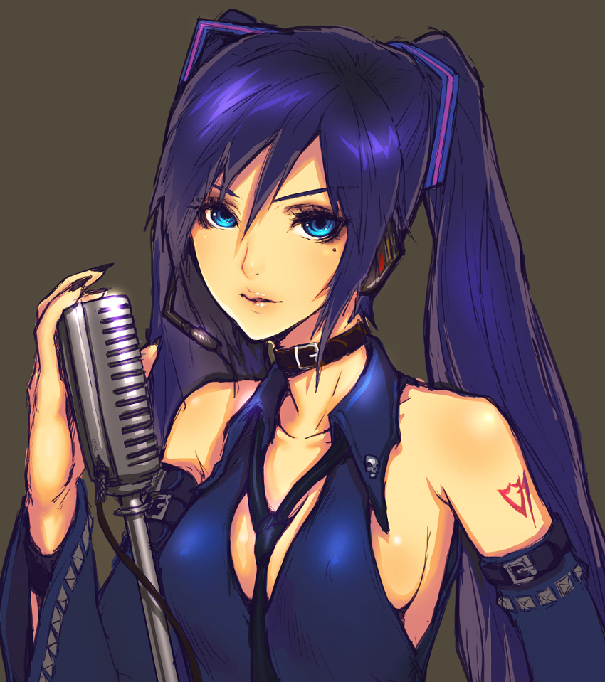 1girl, 7h2o, aqua_eyes, choker, detached_sleeves, female_focus, fingernails, hagane_miku, hagane_vocaloid, hatsune_miku, headset, highres, lips, long_fingernails, long_hair, microphone, nail_polish, necktie, solo, twintails, vocaloid