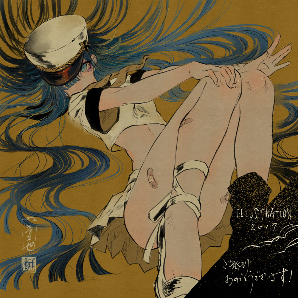 2017, asymmetrical_footwear, bandaid, bandaid_on_leg, black_footwear, blue_eyes, blue_hair, covered_mouth